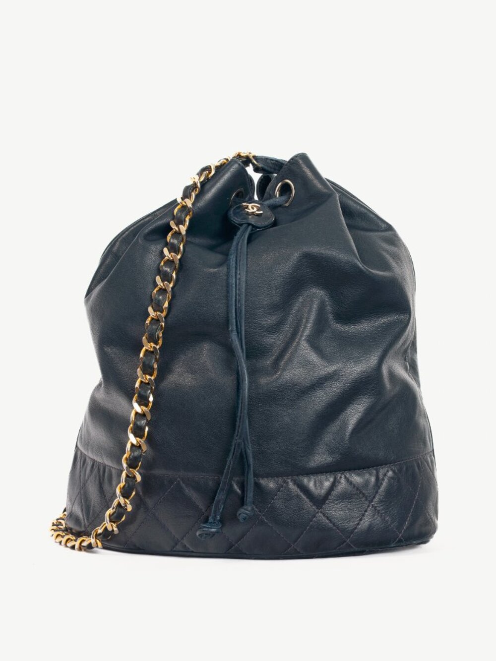 Chanel Vintage Navy Leather Quilted Bucket Bag